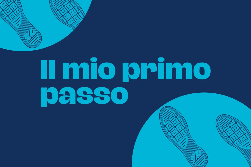 Grafica blu con la scritta “Il mio primo passo” e illustrazioni di impronte di scarpe stilizzate.